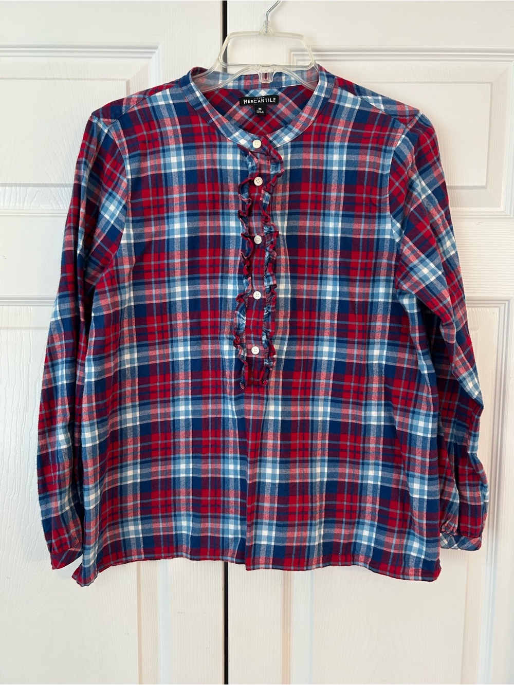 NWOT J.Crew Mercantile Red Plaid Ruffle Button Up Tunic Blouse Shirt Size M